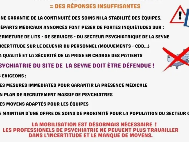 LA SEYNE-SUR-MER : Santé - L'intersyndicale annonce une grève illimitée pour sauver la psychiatrie
