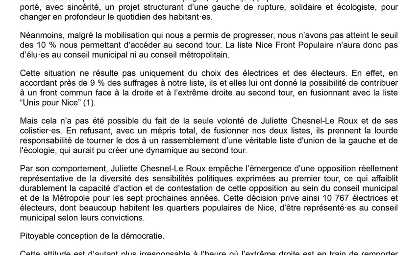 NICE : Élections municipales - Nice Front Populaire appelle à faire barrage à l'extrême droite