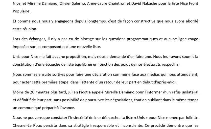 NICE : Union de la gauche - "Nice Front Populaire" dénonce une rupture "unilatérale et définitive" d