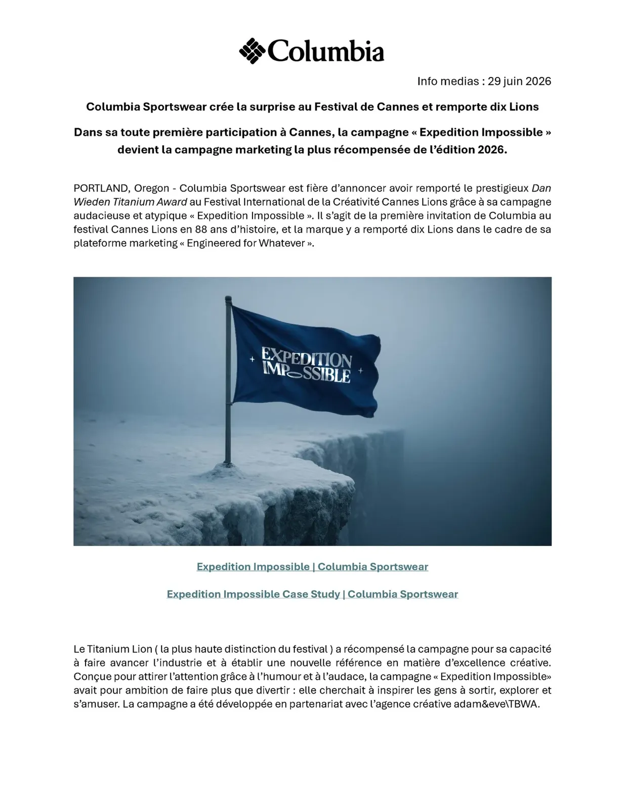 CANNES : Publicité - Columbia Sportswear triomphe avec sa campagne décalée « Expedition Impossible »