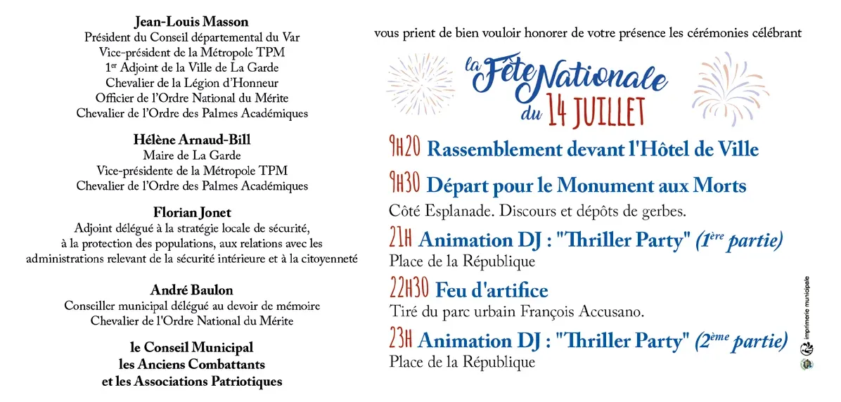 LA GARDE : Fête Nationale - Cérémonie, feu d'artifice et soirée DJ pour le 14 juillet 2026