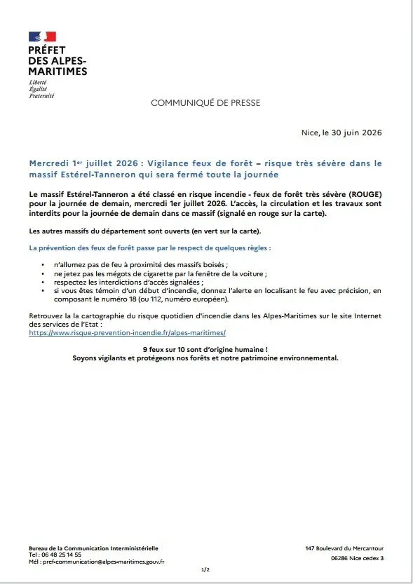 NICE : Alerte feux de forêt - Le massif Estérel-Tanneron fermé au public ce mercredi 1er juillet