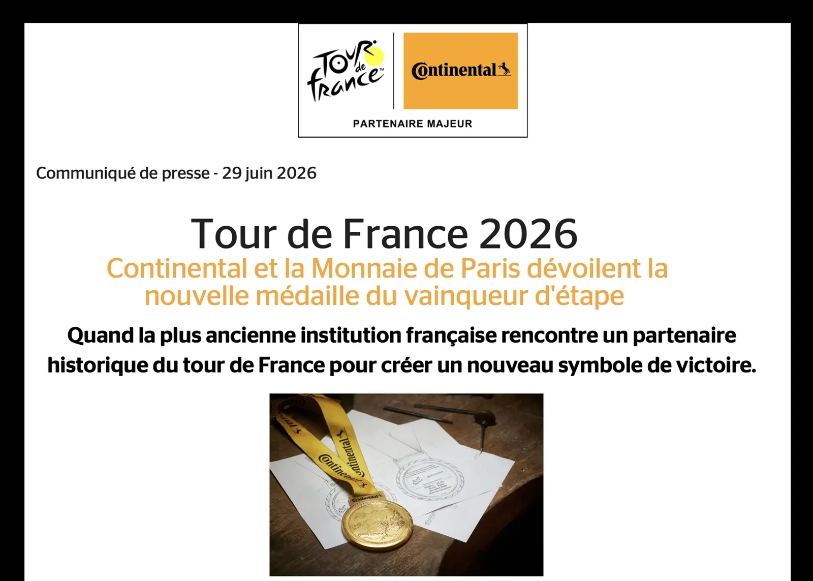 PARIS : Tour de France 2026 - Continental et la Monnaie de Paris forgent la nouvelle médaille des va