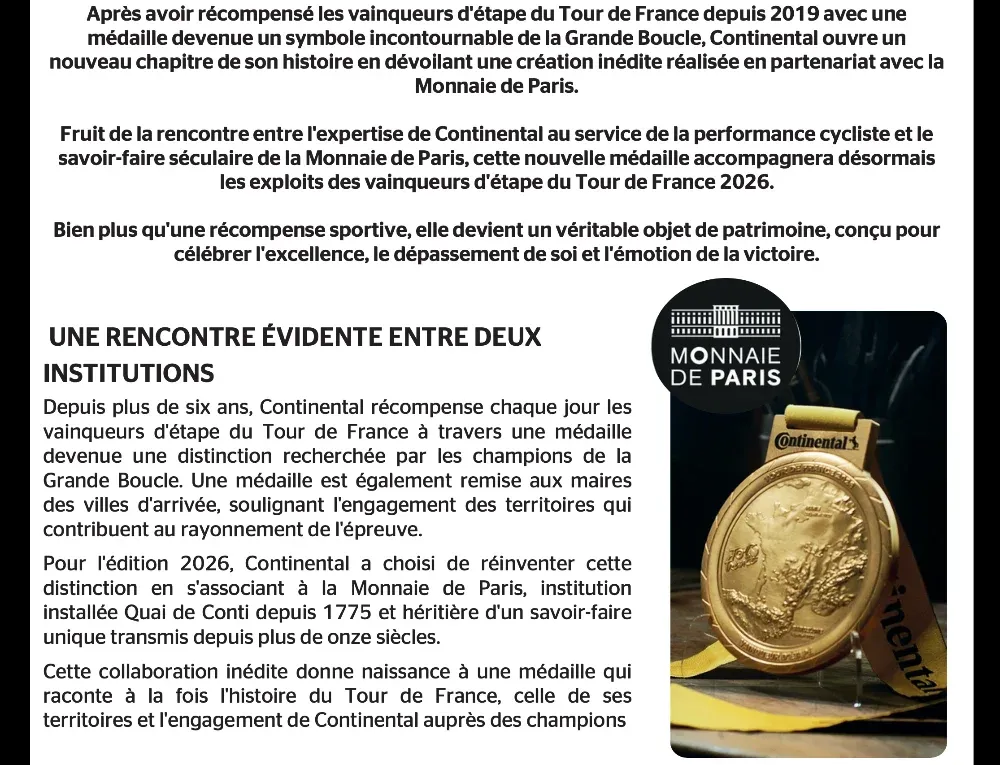 PARIS : Tour de France 2026 - Continental et la Monnaie de Paris forgent la nouvelle médaille des va
