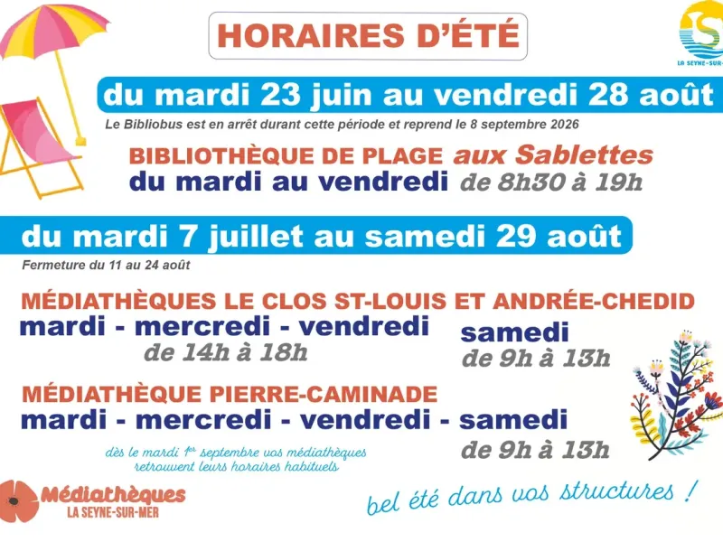 LA SEYNE-SUR-MER : Médiathèques - Passage aux horaires d'été jusqu'au 29 août